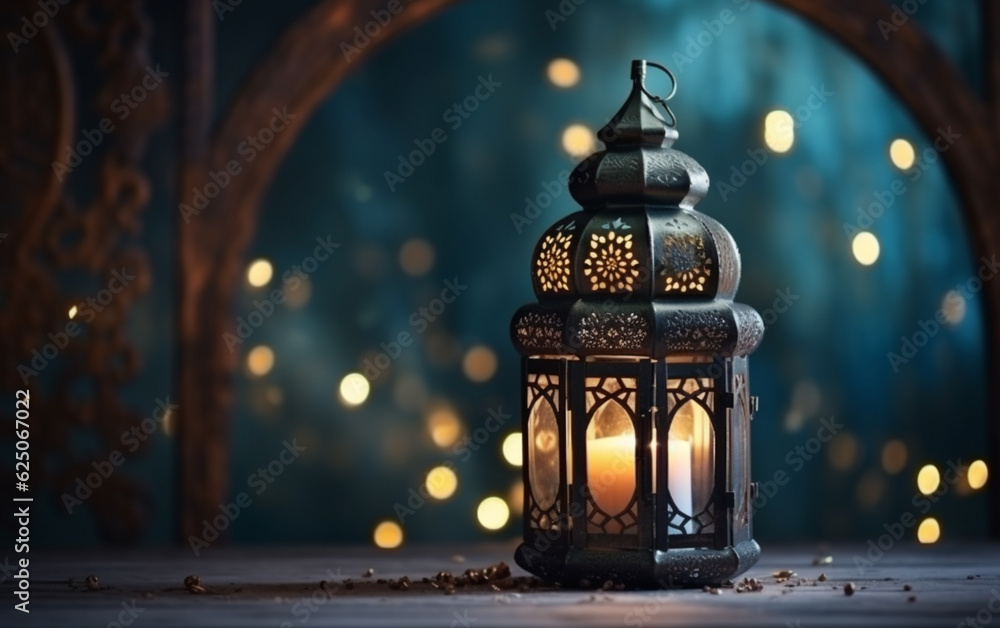 The Muslim feast of the holy month of Ramadan Kareem. Beautiful background with a shining lantern Fanus. Free space for your text