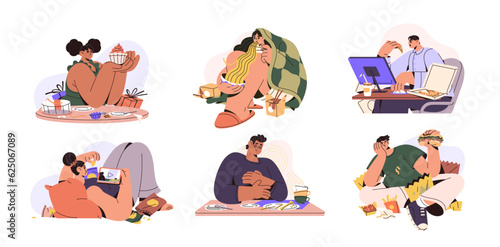 Binge eating, overeating concept. People consuming unhealthy fast junk food, pizza, crisps, sweet desserts. Gluttons and nutrition, diet problem. Flat vector illustrations isolated on white background
