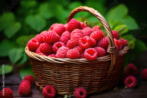 A wicker basket full of raspberries