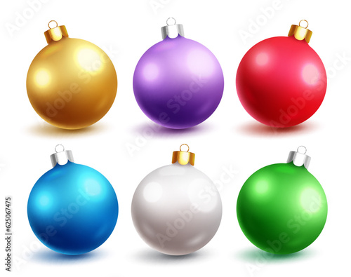 Christmas balls vector set design. Christmas ball elements in metallic, shiny, colorful and glossy seasonal ornament. Vector illustration bauble sphere object collection. 