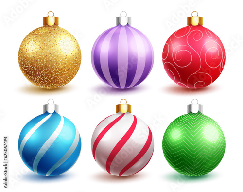 Christmas colorful balls vector set design. Christmas ball ornaments in glitter, stripe and glossy round shape object isolated in white background. Vector illustration xmas balls collection.