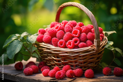 A wicker basket full of raspberries