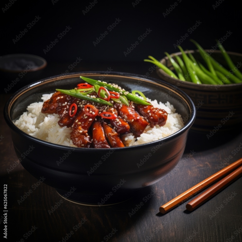Braised Sea Cucumber with Scallions, garnished with fresh sliced chili and a bed of steamed white rice in a ceramic bowl