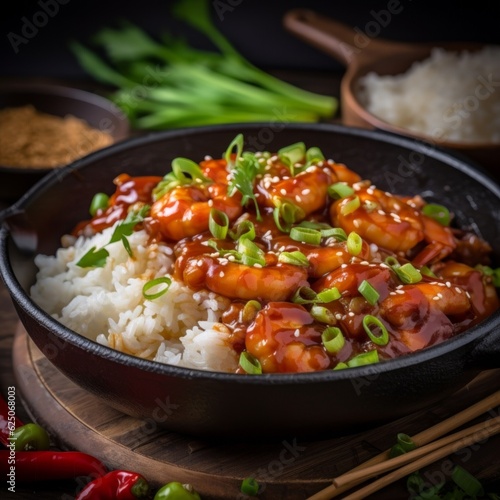 Spicy Shrimp Stir-Fry, accompanied with jasmine rice on the side. The stir-fry is garnished with green onions, sitting upon a rustic wooden table