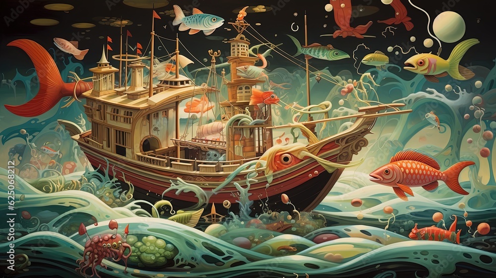surreal art illustration fishing boat surround with flying fish, Generative Ai