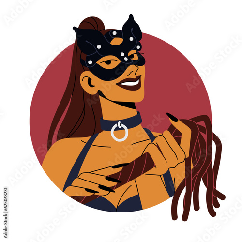 Sexy woman, head avatar. Seductive sassy female character in leather latex cat mask on face, whip in hand. Girl seducer portrait, user profile. Flat vector illustration isolated on white background