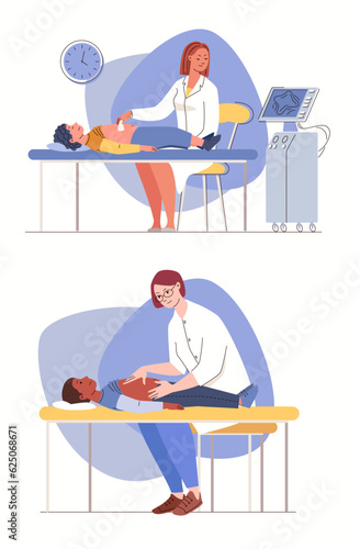 Set of illustrations of diagnosis of gastroenterological diseases. Child is examined by surgeon or gastroenterologist. Pediatrician palpates child's abdomen. Abdominal ultrasound. Vector flat cartoon. photo