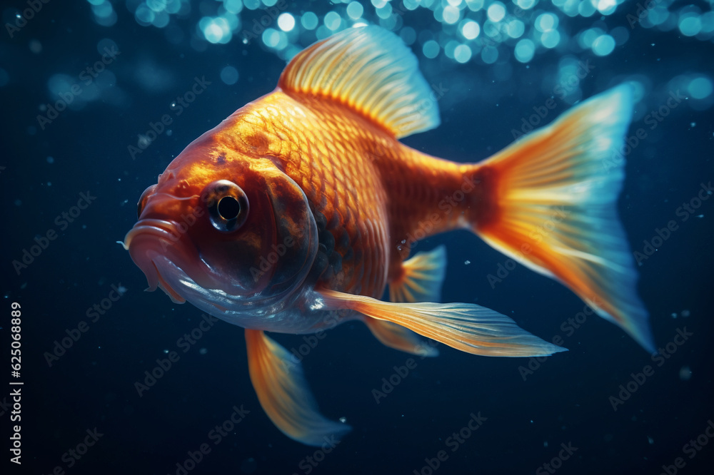 Single golden fish, Carassius auratus, gracefully floating in blue water. Generative, AI Single golden fish, Carassius auratus, gracefully floating in blue water. Generative, AI