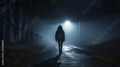 Woman walking in a dark street area at night  feeling alone
