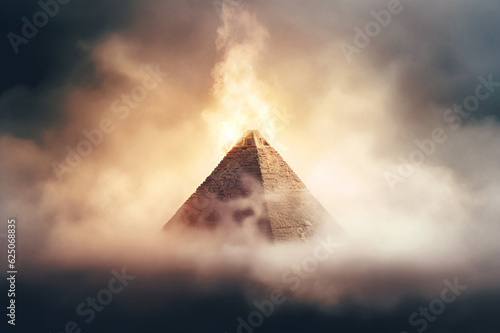 Mystical Enigma: Ancient Pyramid in Fumes and Firelight. Generative AI