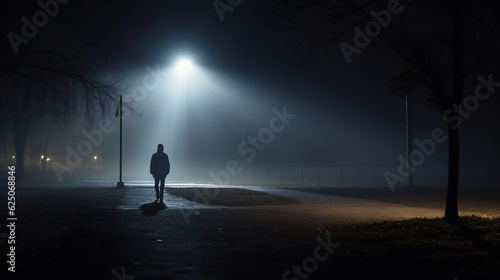 A man walking alone at night, streetlights, dark trees, scary, halloween, fearful