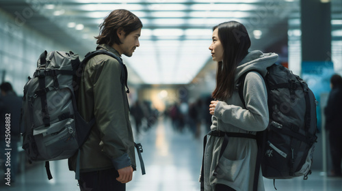 Couple with backpacks looking at each other