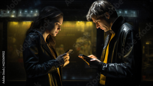Couple looking a smart phone, nighttime, exchanging contact details, phone numbers, checking