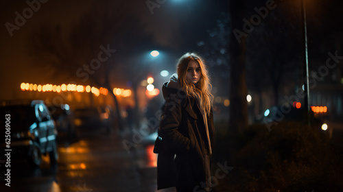 Young woman walking in the night, city street, neighborhood, hood, alone, doubtful, scared, looking back