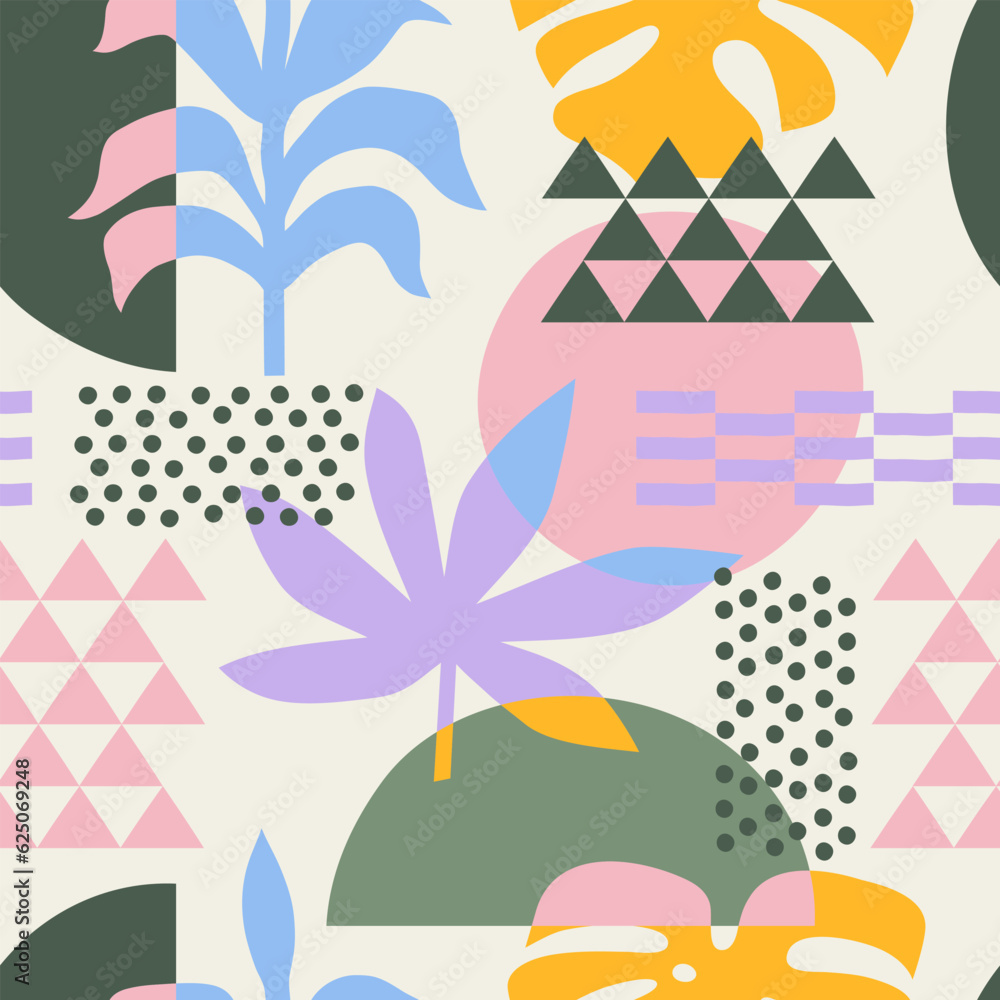 Collage floral seamless pattern with bright abstract shapes. Trendy design for fabric, wrapping paper, textile print, wallpaper.