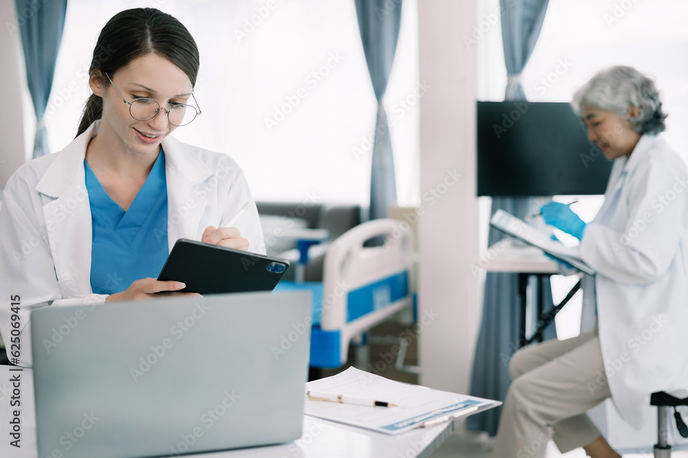 Team scientist or doctor team with tech for scientific innovation, planning or data report. Team scientist or doctor team with tech for scientific innovation, planning or data report.