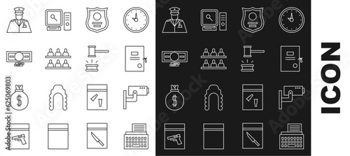 Set line Retro typewriter, Security camera, Lawsuit paper, Police badge, Jurors, Stacks money cash, officer and Judge gavel icon. Vector