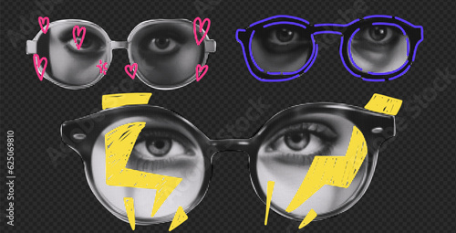 Set with trendy elements. Women's and men's eyes in halftone style glasses. With bright doodles of hearts and lightning bolts and a line. Vector illustration. 