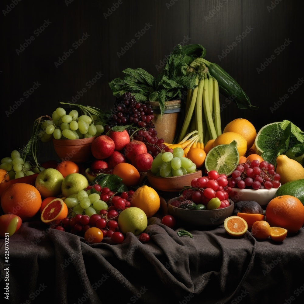Fresh fruit and vegetables on table. Generative AI. Fresh fruit and vegetables on table. Generative AI.