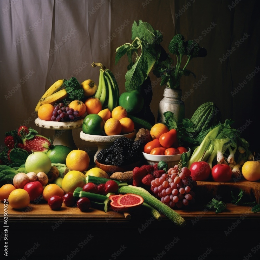 Fresh fruit and vegetables on table. Generative AI.