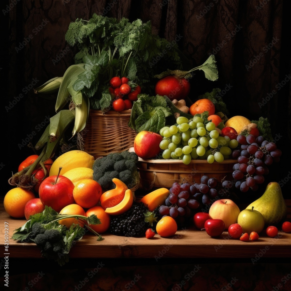 Fresh fruit and vegetables on table. Generative AI. Fresh fruit and vegetables on table. Generative AI.