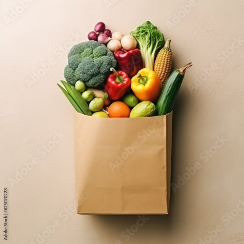 Banner  Paper bag with fruit and vegetables. Generative AI.