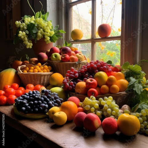 Fresh fruit and vegetables on table. Generative AI.