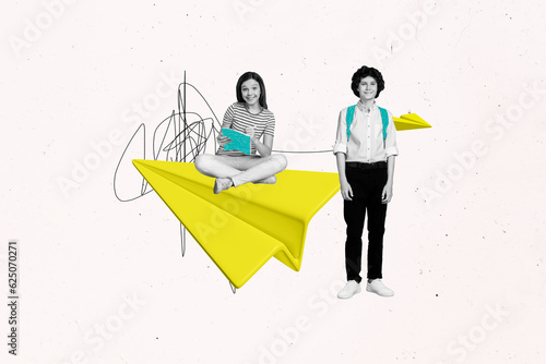 Collage picture of two mini happy black white effect people huge paper plane write notepad isolated on creative painted background