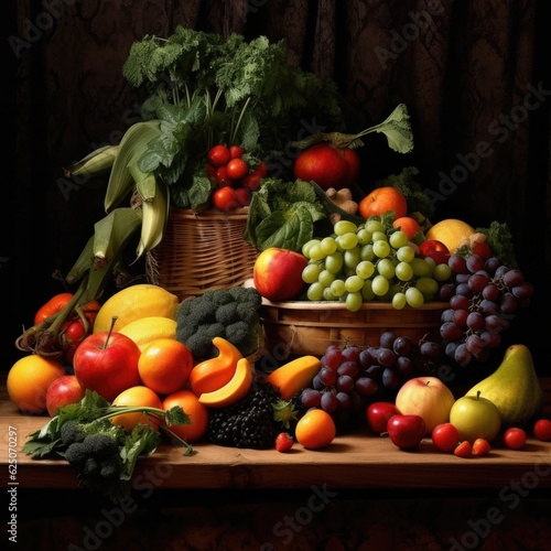 Fresh fruit and vegetables on table. Generative AI.