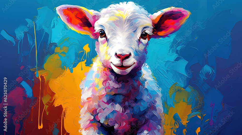 painting style illustration, happy baby lamb with color splash, Generative Ai