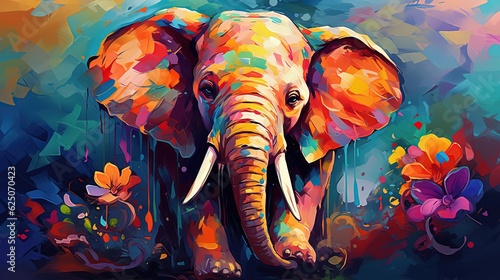 painting style illustration, happy baby elephant with color splash, Generative Ai