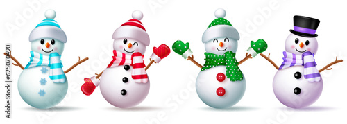 Christmas snowman character set vector design. Snow man character wearing scarf, hat and glove costume isolated in white background. Vector illustration winter season cartoon collection.