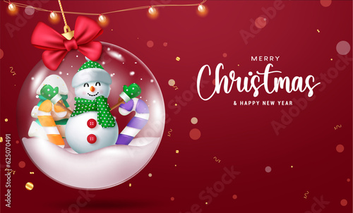 Merry christmas text vector design. Christmas and happy new year greeting with snow man character in crystal glass ball hanging ornament. Vector illustration holiday seasonal background.