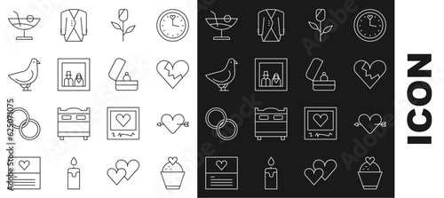 Set line Wedding cake with heart, Amour and arrow, Broken or divorce, Flower rose, Family photo, Dove, Cocktail and rings icon. Vector