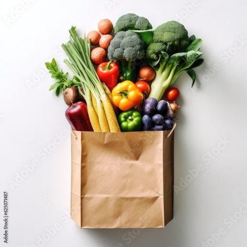 Banner  Paper bag with fruit and vegetables. Generative AI.