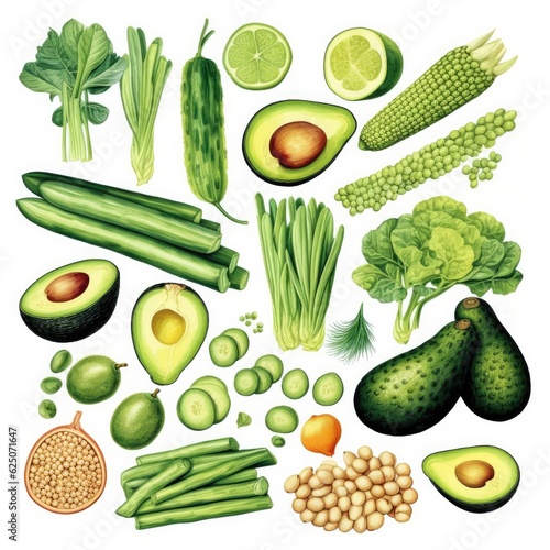 Group of vegetables: cucumber, lucerne, zucchini, spinach, basil, green peas, avocado, broccoli, lime, buckwheat, green lentils, chickpea and quinoa. Generative AI.