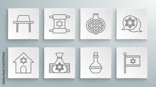 Set line Jewish synagogue, Torah scroll, money bag, wine bottle, Flag of Israel, Pomegranate, Star David and Orthodox jewish hat icon. Vector