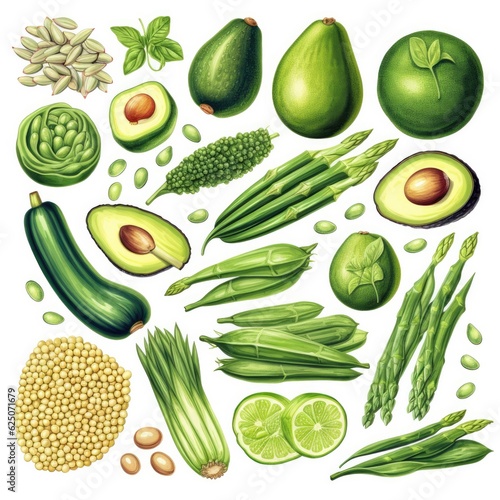 Group of vegetables: cucumber, lucerne, zucchini, spinach, basil, green peas, avocado, broccoli, lime, buckwheat, green lentils, chickpea and quinoa. Generative AI.