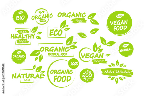 Set of Vegan, eco, bio, organic, fresh, healthy, 100 percent, nateral food. Natural product. Collection of emblem cafe, badges, tags, packaging. Vector illustration.