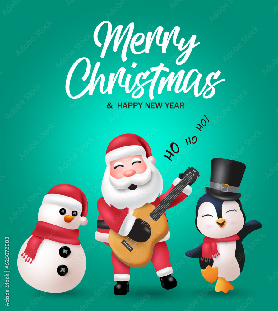 Merry christmas text vector design. Christmas santa claus, snow man and penguin characters holding guitar and singing xmas song. Vector illustration holiday season characters.