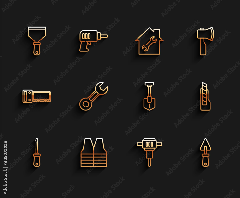 Set line Screwdriver, Safety vest, Putty knife, Construction jackhammer, Trowel, Wrench spanner, Stationery and Shovel icon. Vector Set line Screwdriver, Safety vest, Putty knife, Construction jackhammer, Trowel, Wrench spanner, Stationery and Shovel icon. Vector
