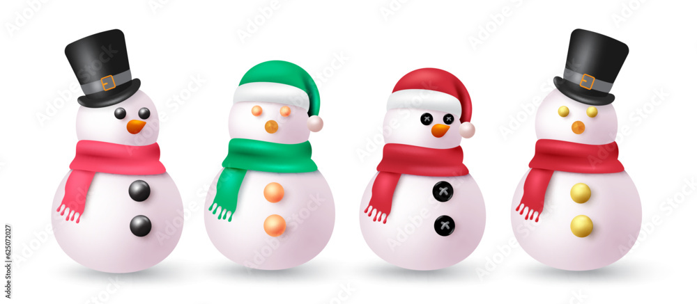 Christmas snow man vector set design. Snow man chirstmas character with scarf, buttons and magician hat elements decoration. Vector illustration snow man cartoon mascot collection.