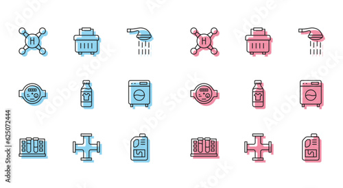 Set line Test tube with water drop, Industry metallic pipe, Water tap, Drain cleaner bottle, Bottle for cleaning agent, Washer, meter and Toolbox icon. Vector