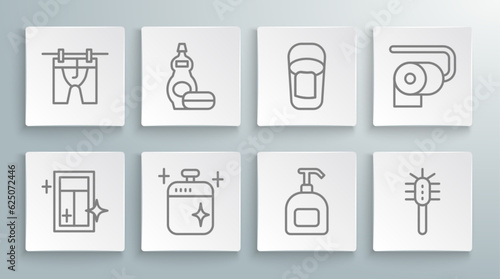 Set line Cleaning service for window, Dishwashing liquid bottle, cooking pot, Bottle of soap, Toilet brush, Bucket with rag, paper roll and Drying clothes icon. Vector