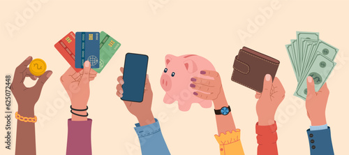 Human hands with money, credit cards, piggy bank, wallet, coin and mobile phone. Saving, online banking. Hand drawn vector vector illustration isolated on light background. Modern flat cartoon style.