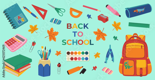Back to school banner with school elements. Backpack, textbooks, calculator, pencil case, paints, pens, notebook, clip. Hand drawn vector illustration isolated on green background, flat cartoon style. photo