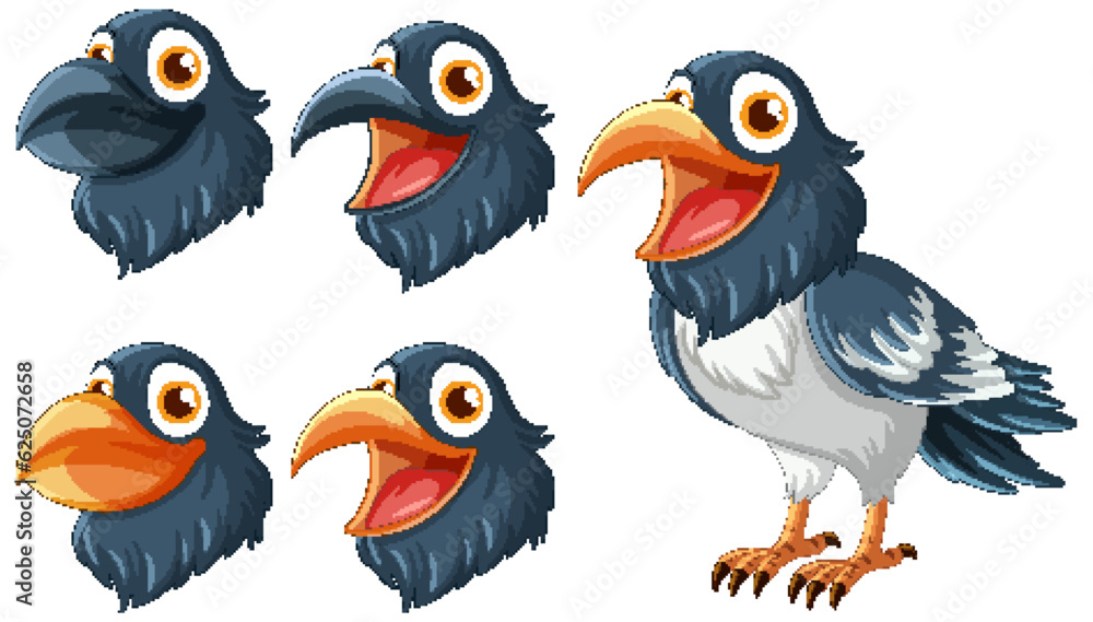 Obraz premium A set of cartoon ravens isolated on a white background, illustrated in a vector style