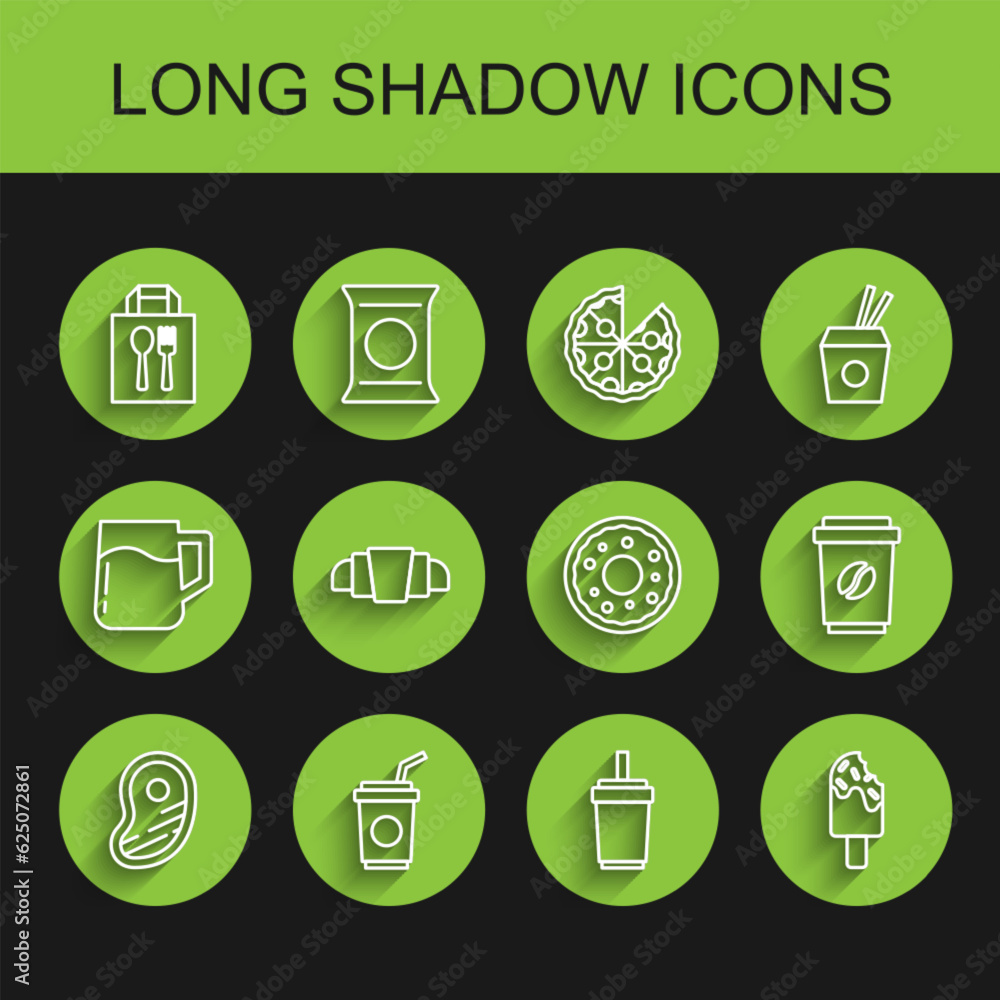 Set line Steak meat, Paper glass with straw, Online ordering and delivery, Ice cream, Croissant, Coffee cup to go and Donut icon. Vector Set line Steak meat, Paper glass with straw, Online ordering and delivery, Ice cream, Croissant, Coffee cup to go and Donut icon. Vector