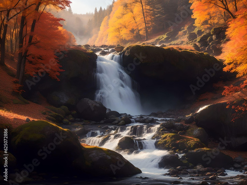 Waterfall in autumn forest at sunset colorful nature background. AI Generated