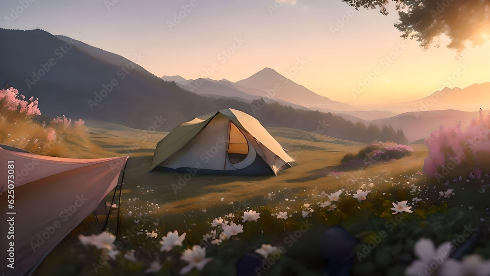 Camping in the mountains at sunset. AI Generated.